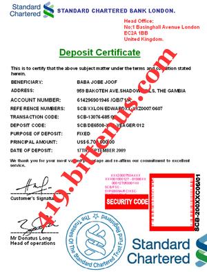 Deposit Certificate SCB 1